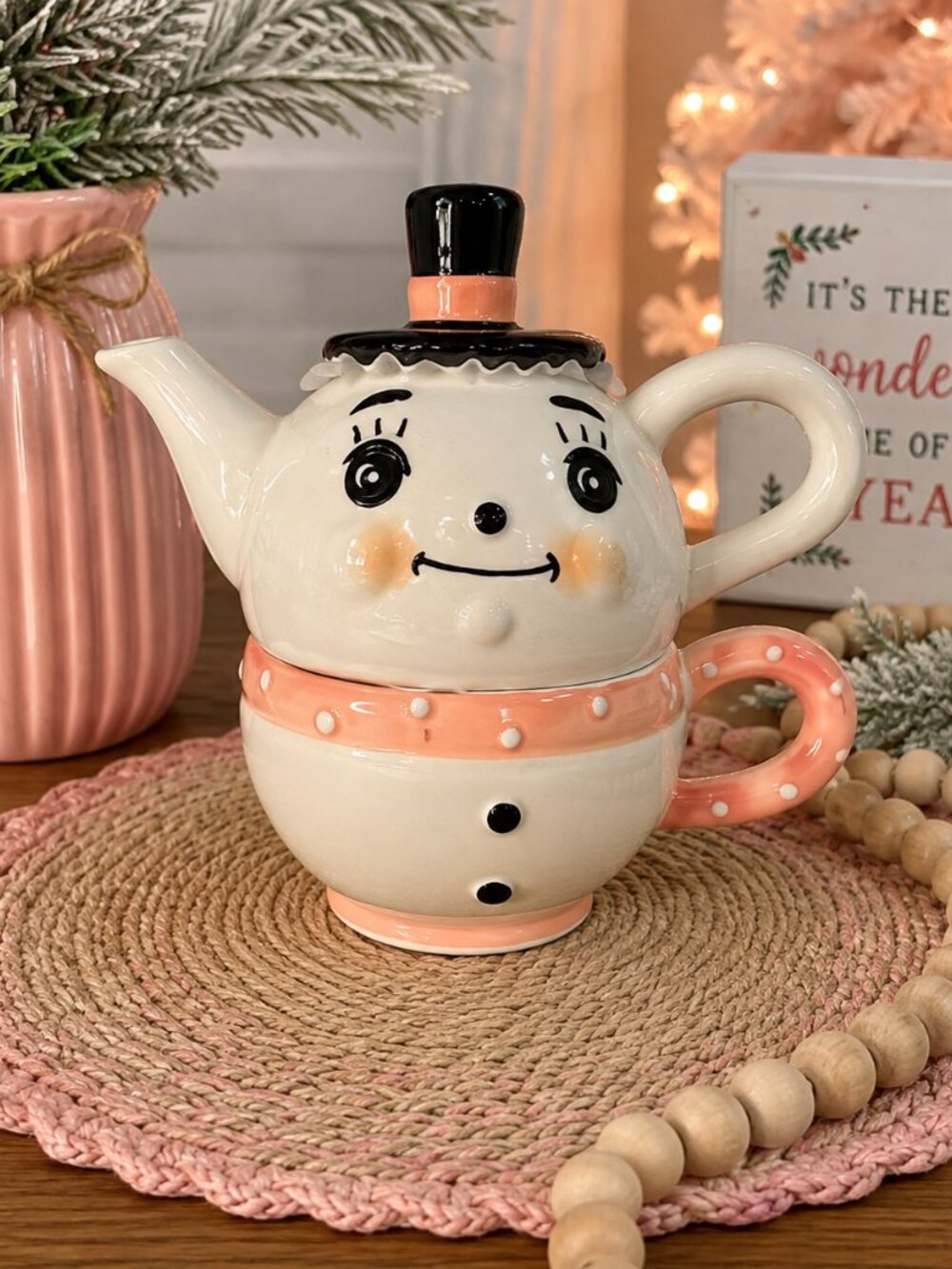 Johanna Parker Carnival Cottage Snowman Teapot & Mug Stack Set Pink NWT